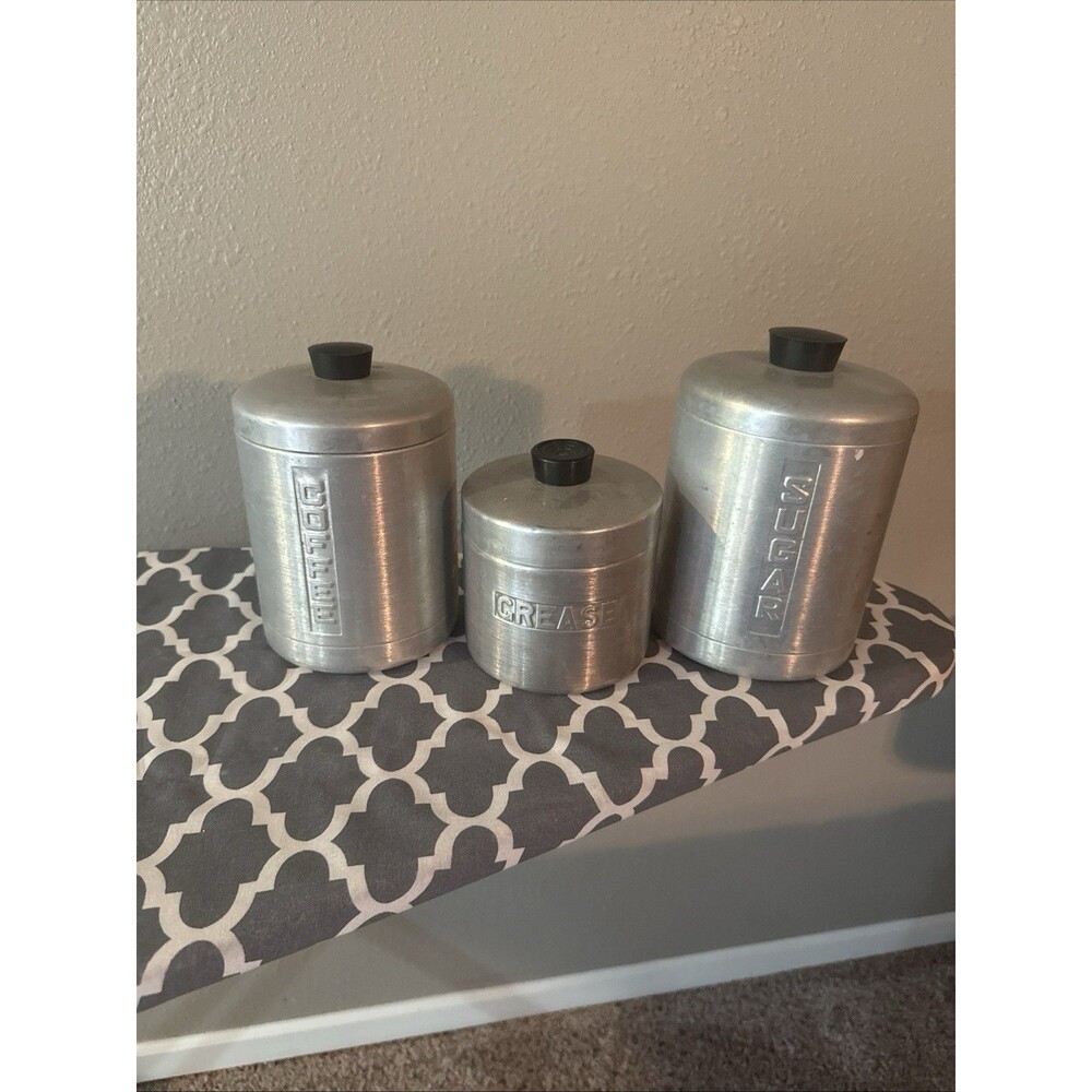 Vintage MCM 1950's Aluminum Kitchen Canister Set Of 3 - Sugar Coffee & Grease
